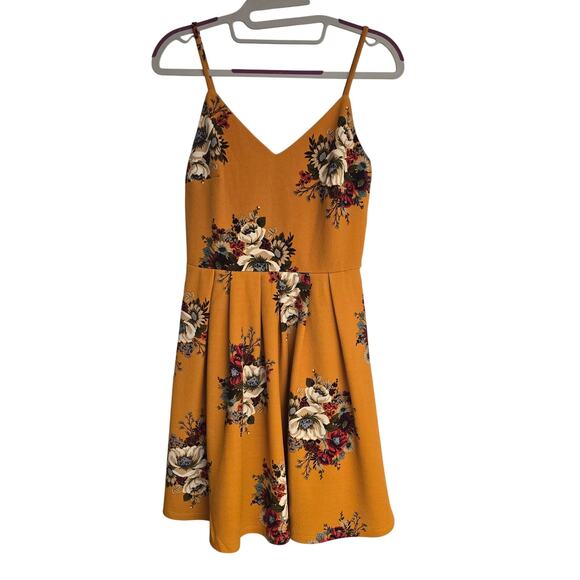 Women's Emerald Sundae Mustard Yellow Floral V-Neck Mini Dress | Size Small - Picture 1 of 9